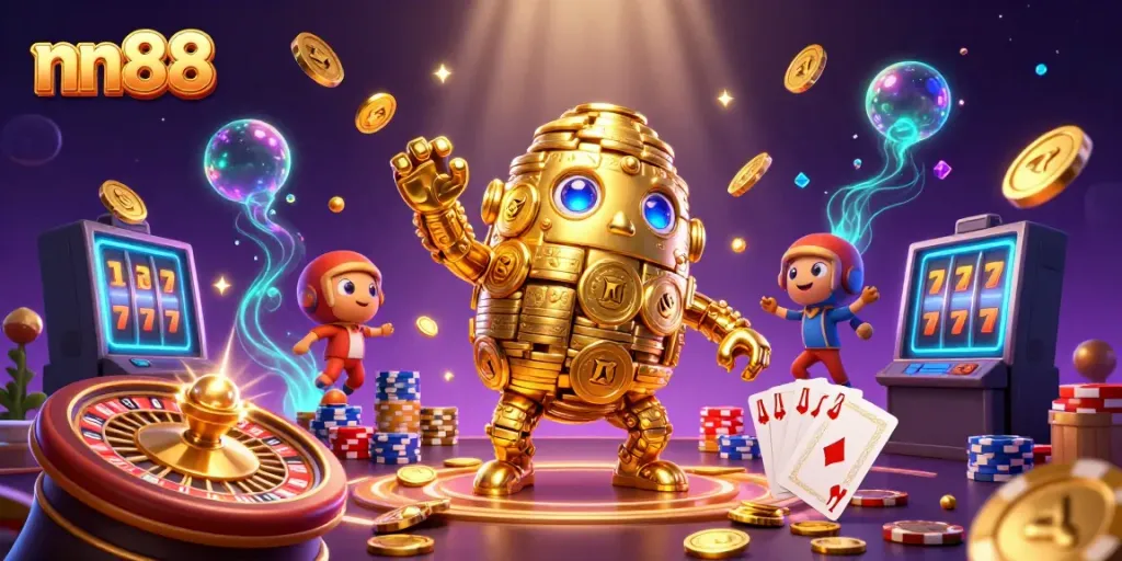 Experience thrilling gameplay at nn88 with exciting slot machines, golden coins, and dazzling gems.