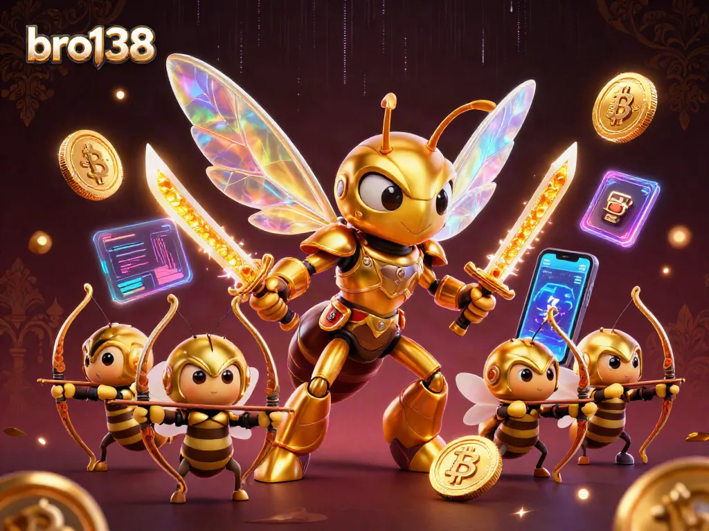 Players enjoy slot games at bro138 while vibrant golden hornets and exciting crypto symbols abound.