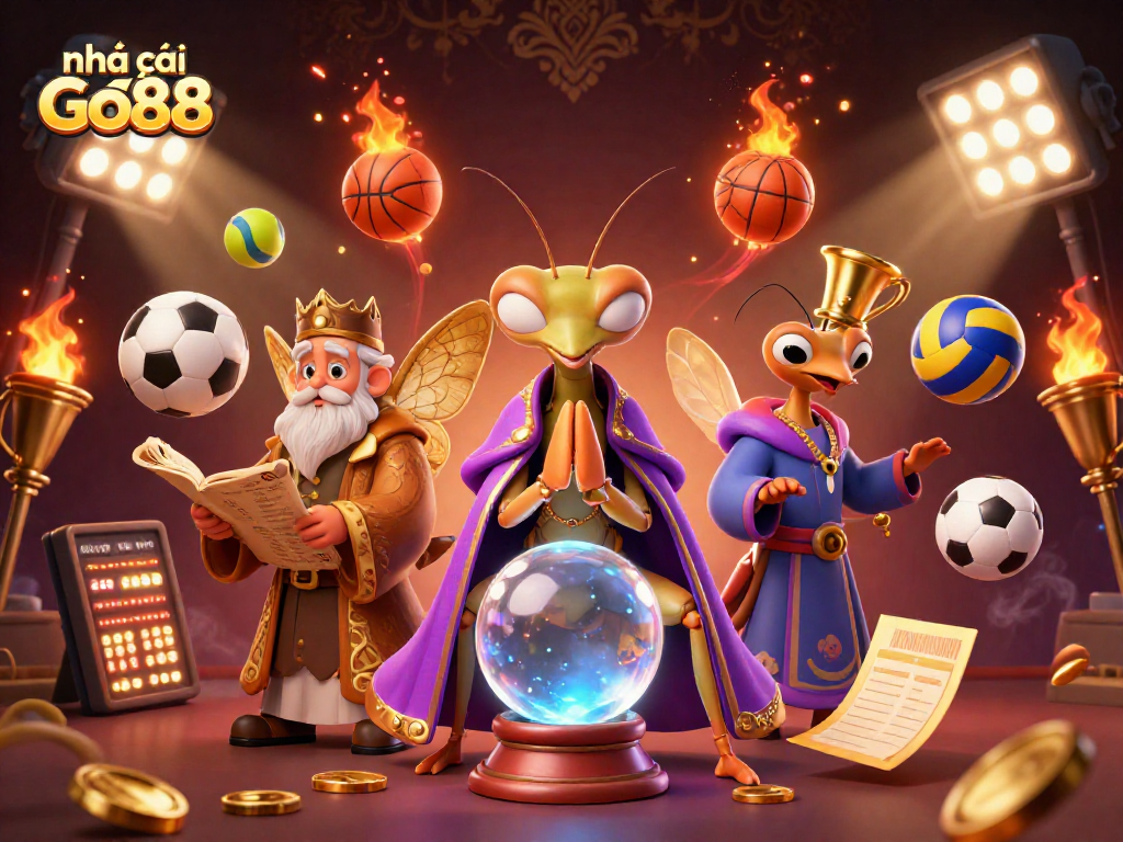 Engage with nhà cái Go88 through a vibrant 3D illustration of a fortune teller scene focused on sports betting elements.