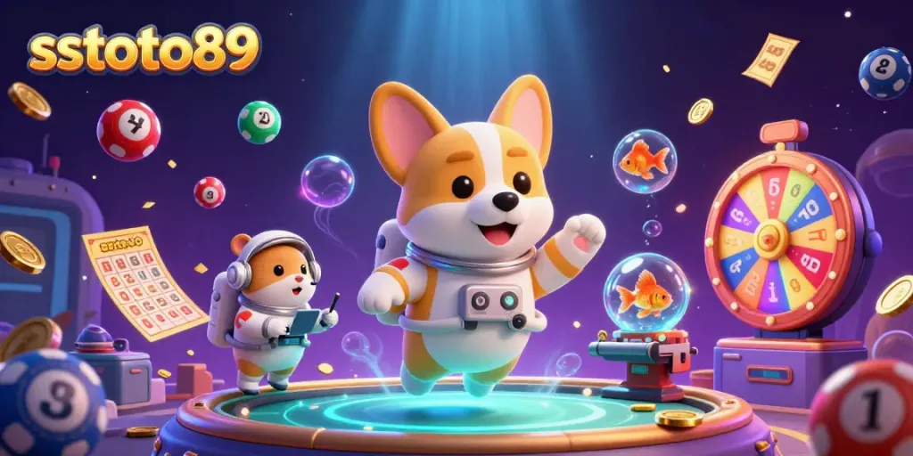 Gambaran 3D dari sstoto89 yang menunjukkan anjing astronaut di kasino luar angkasa dengan elemen permainan yang dinamis.