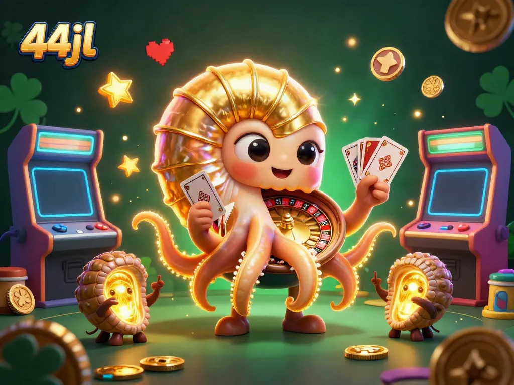 Engage in thrilling gameplay at 44jl Casino with vibrant 3D imagery of a giant nautilus and glowing companions.