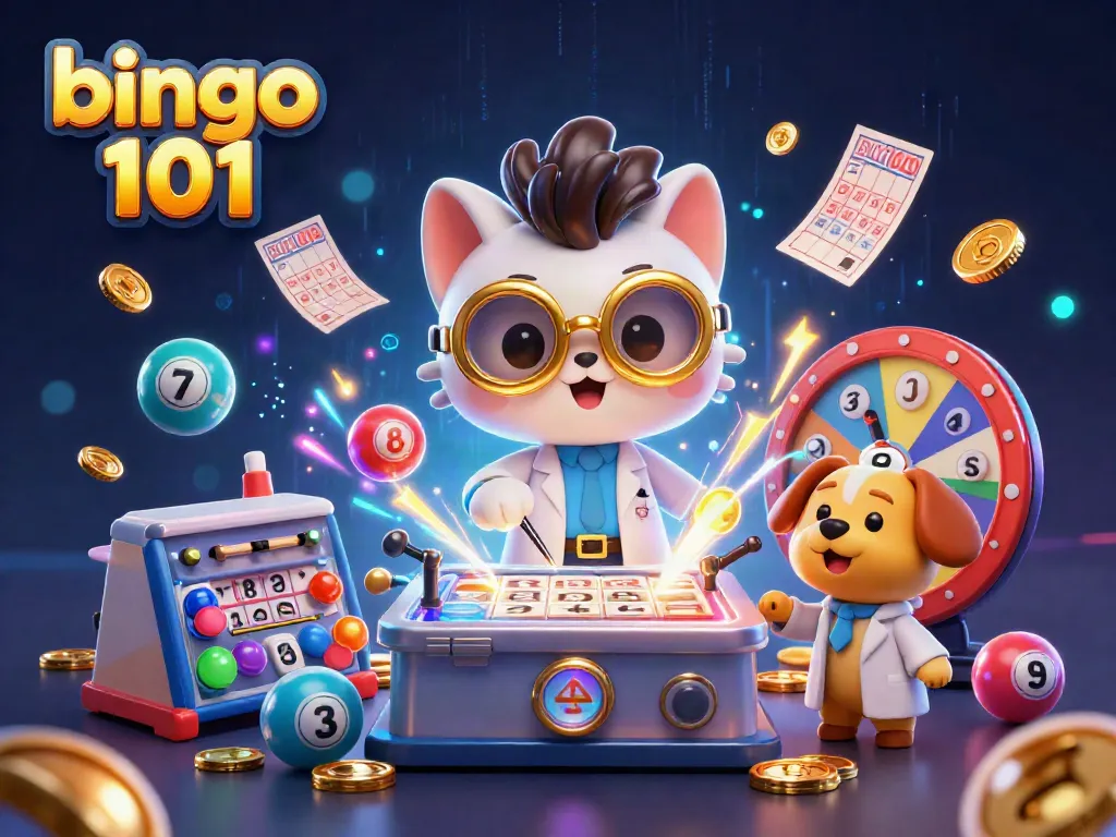 Bingo 101 menampilkan kucing ilmuwan dengan anjing asisten, membuat mesin bingo dan bola nomor berwarna.