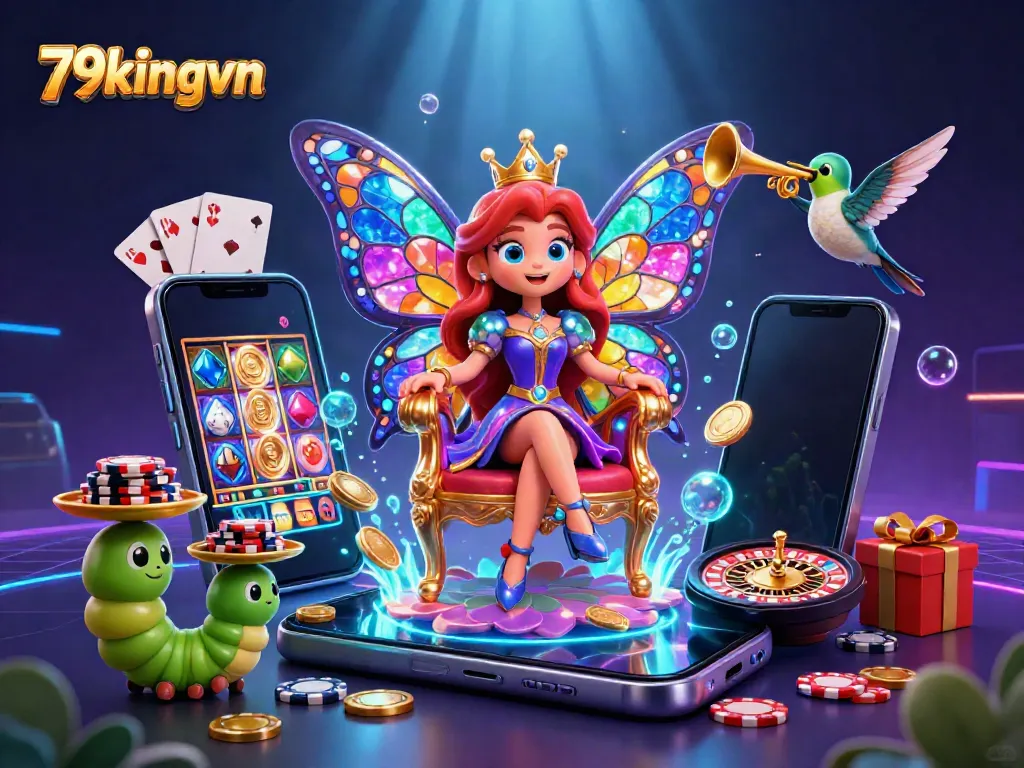 Play slots and win with 79kingvn's butterfly queen in a vibrant casino scene.