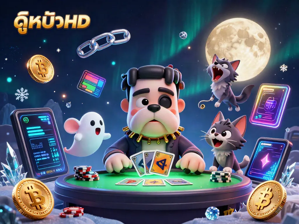 Engaging illustration of ดูหนังHD with a Frankenstein bulldog dealer, a ghost mouse, and a howling werewolf kitten, highlighting crypto elements.