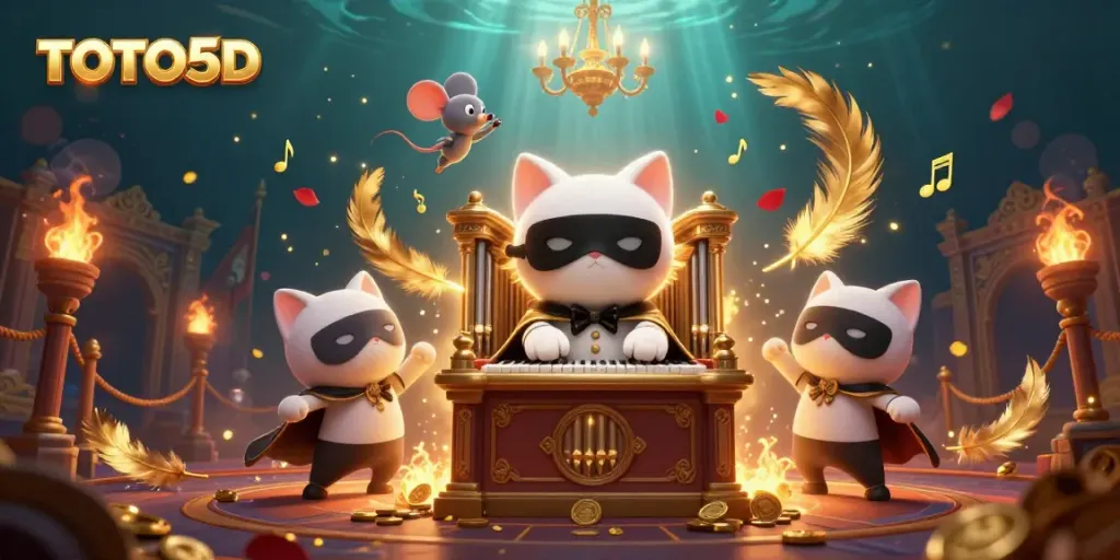 TOTO5D gaming illustration featuring a cartoon cat, acrobat mouse, and lavish casino elements.