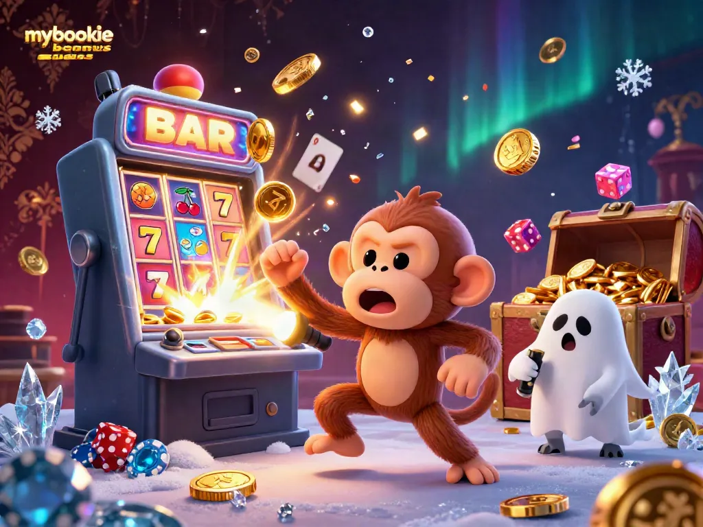 Engage with mybookie bonus codes in a lively casino scene featuring a playful monkey and a curious puppy, surrounded by vibrant slots and festive effects.