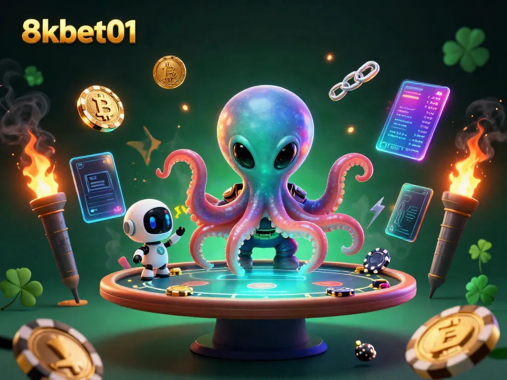Engage in thrilling gameplay at 8kbet01 with a vibrant illustration featuring an alien octopus and robot at a poker table.