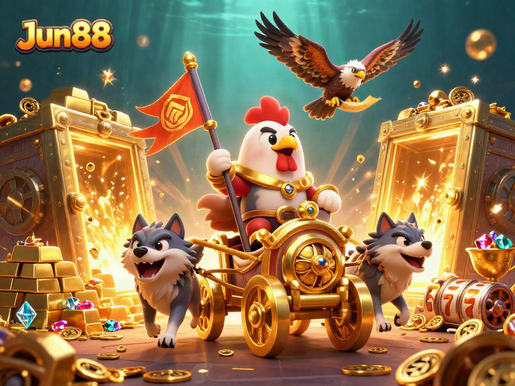 Experience the excitement at Jun88 with a roaring 3D casino scene filled with treasures and thrilling gameplay.