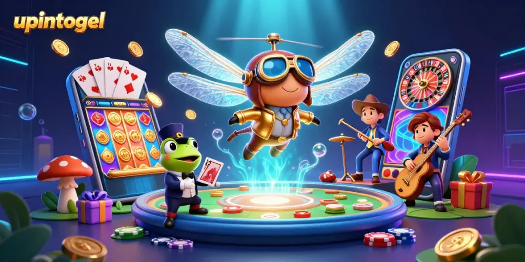 Permainan upintogel kartu dengan croupier katak, simbol kasino, dan efek 3D memukau.