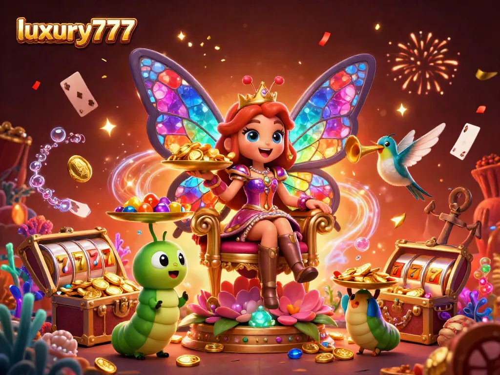 Experience the thrill of luxury777 with dynamic slot elements and a magical butterfly queen in a vibrant casino scene.