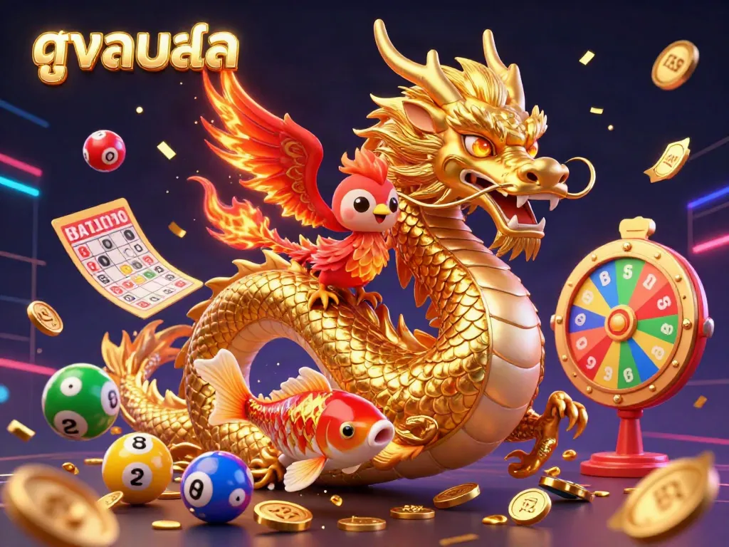 Bet on ดูบอลสด with a stunning 3D dragon, phoenix, and koi fish in a vibrant, action-packed casino scene.