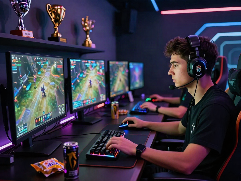 Pengaturan permainan online modern luxury111 dengan gamer fokus dan perangkat gaming menarik.