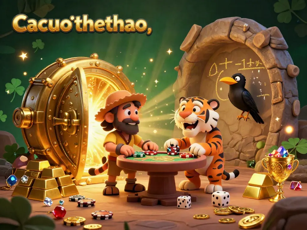 Cacuocthethao showcases a vibrant prehistoric casino scene with caveman and tiger characters managing games amidst gold treasure.