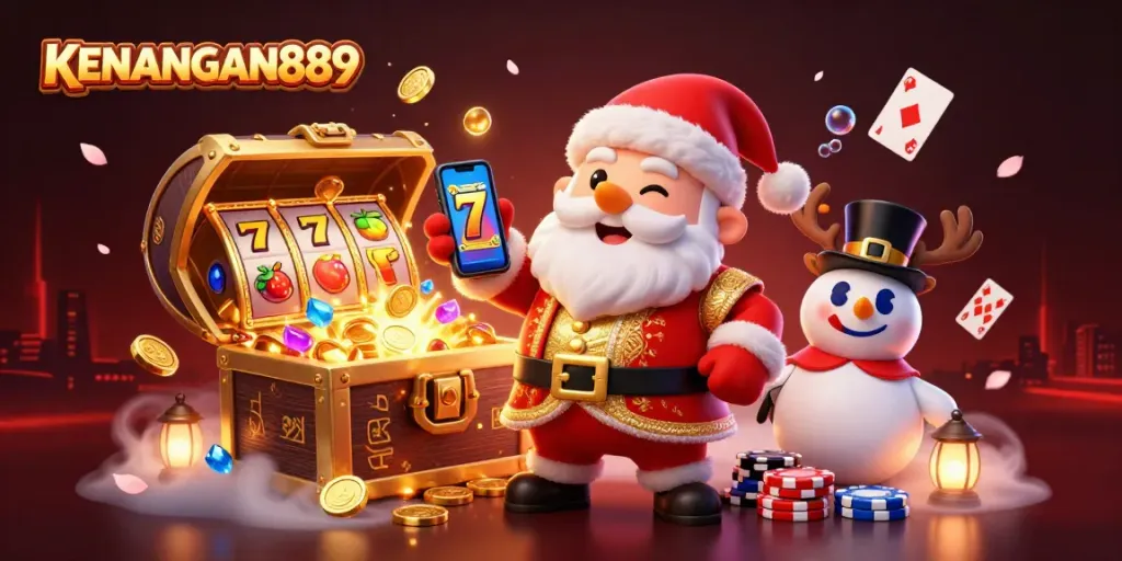 Spin and win with KENANGAN889 as Santa and friends celebrate jackpots in a vivid casino scene.