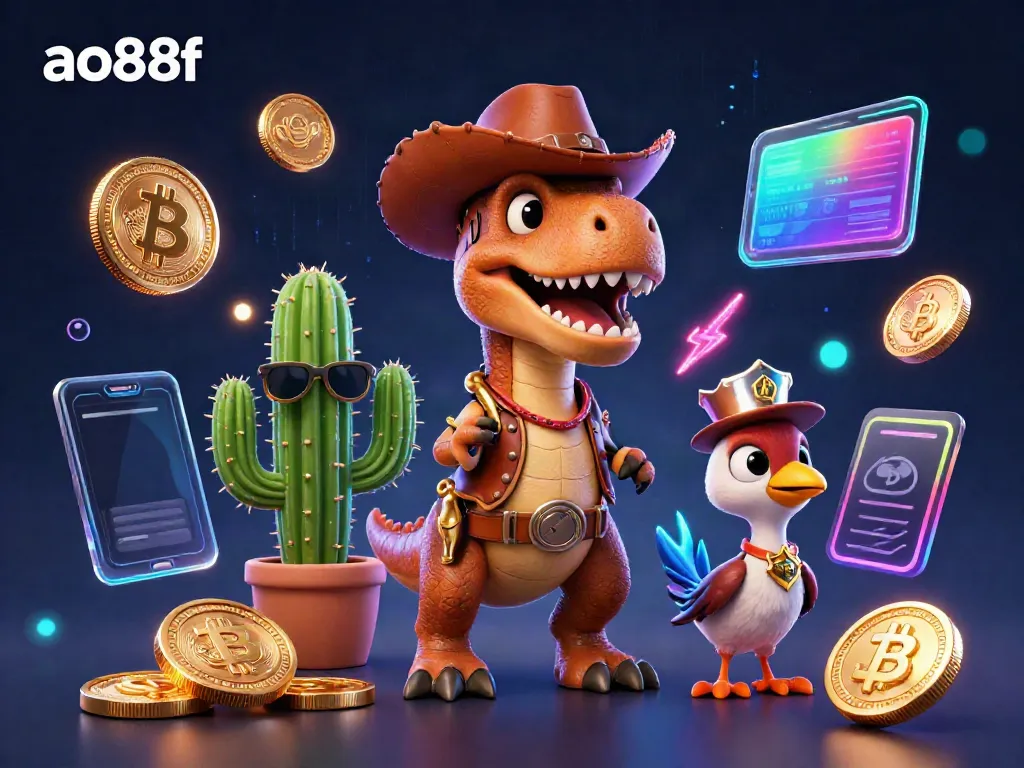 Experience the thrill of ao88f casino gaming with dynamic dinosaur characters and crypto-themed elements.