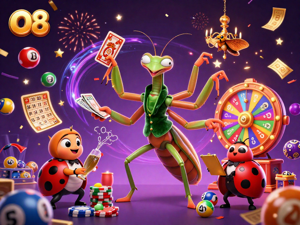 Experience O8's thrilling casino atmosphere with a vibrant lottery scene featuring dynamic characters and exciting elements.