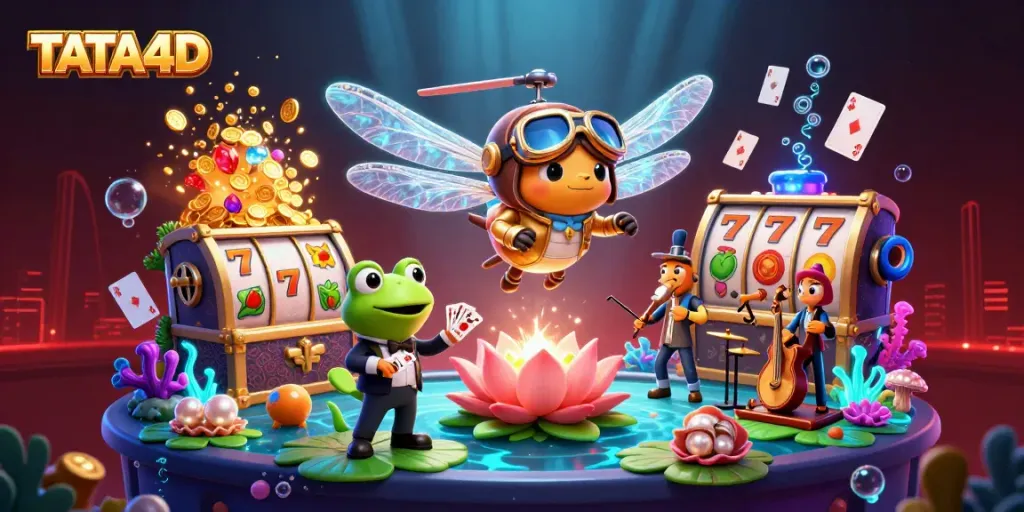 TATA4D showcases a dynamic casino scene with a dragonfly pilot, frog croupier, and vibrant slot elements.