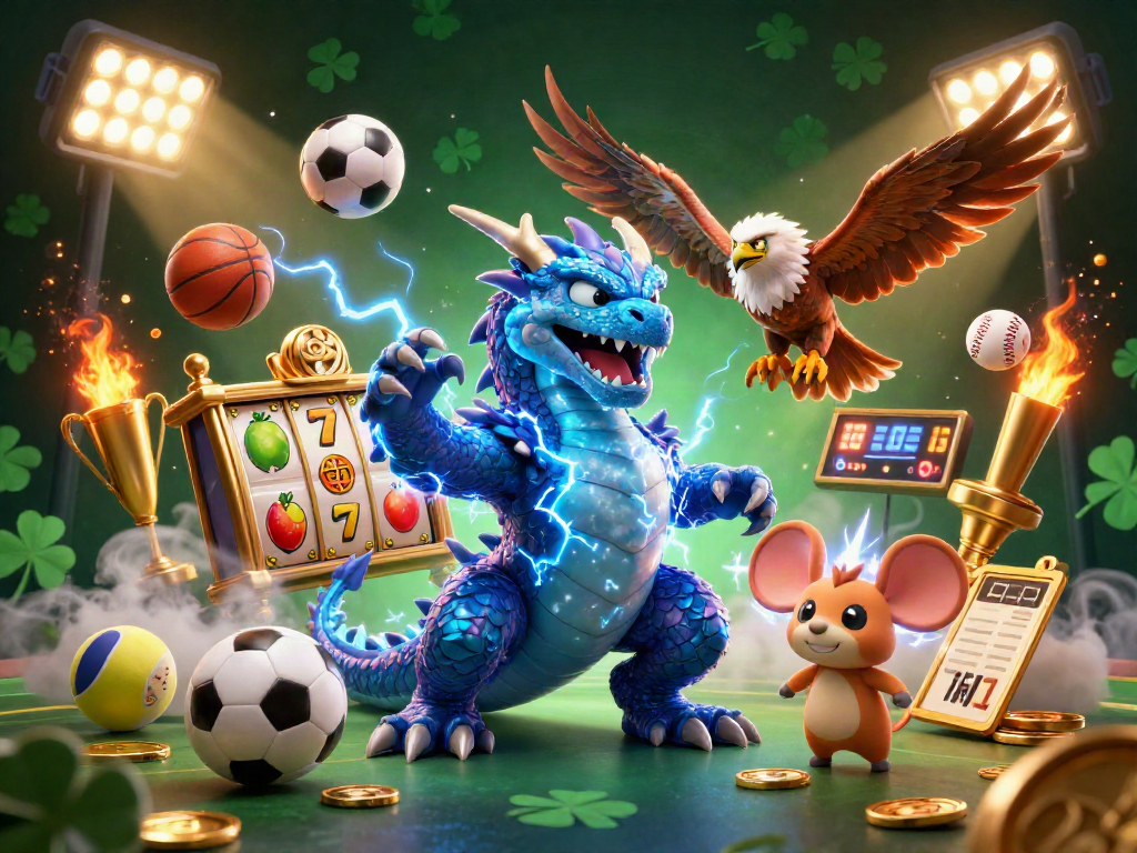 Spin slot machines with dynamic dragons and vibrant sports elements in a 3D animated illustration.