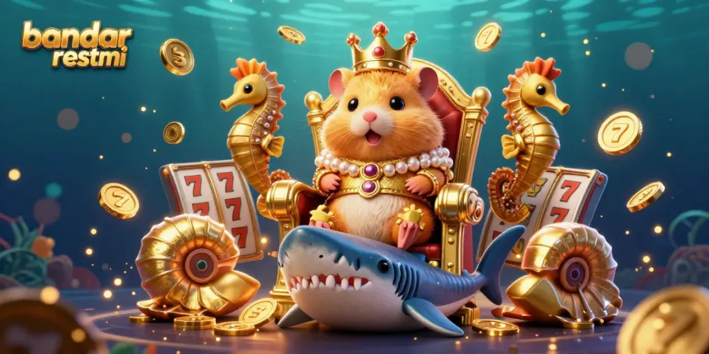 Menghadirkan bandar slot resmi, raja hamster emas duduk di atas singgasana gigi megalodon, dikelilingi permainan slot.