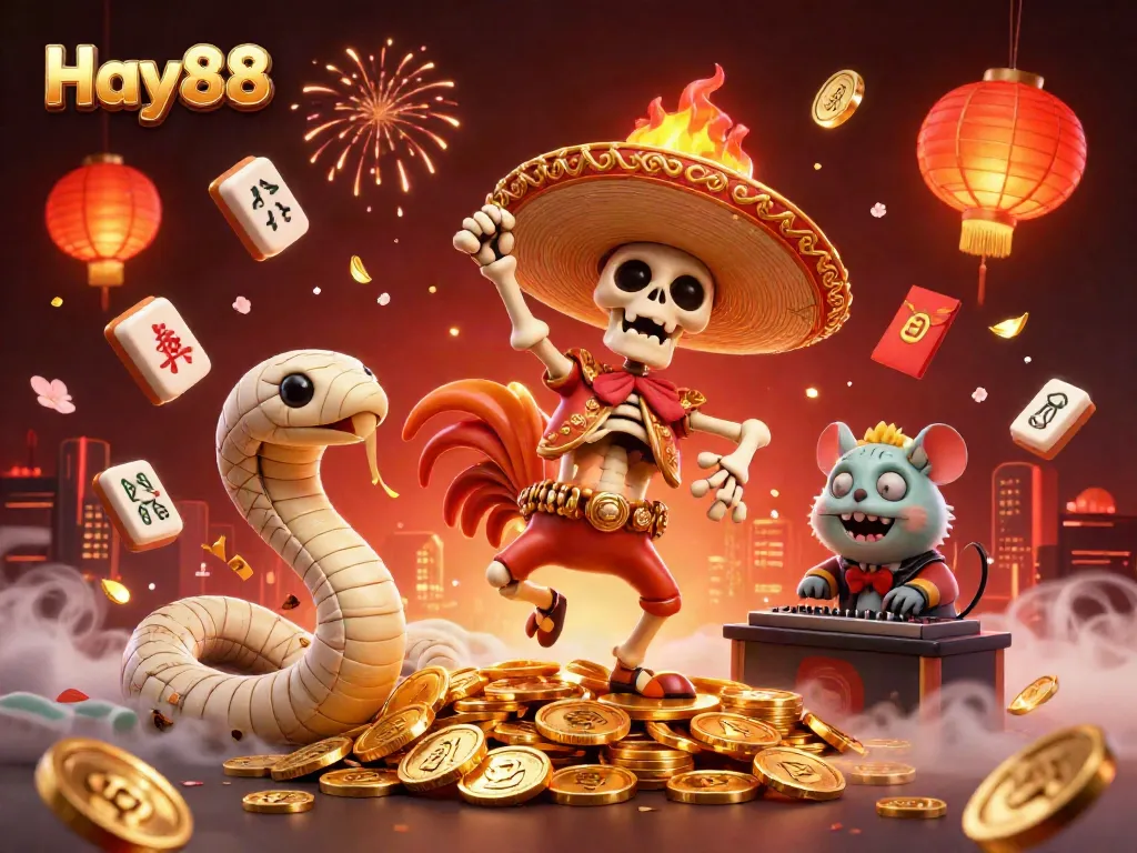 Experience a vibrant Hay88 casino scene with characters celebrating amidst gold coins and festive elements.