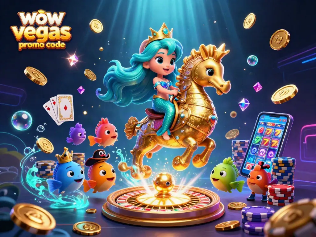 Win big with wow vegas promo code, featuring a vibrant 3D casino scene of characters and elements.