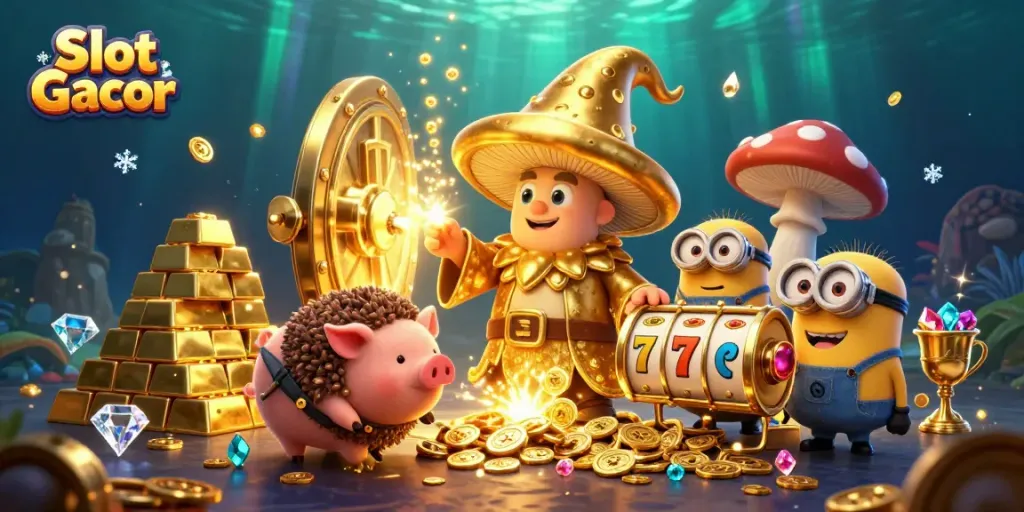 Engage in Slot Gacor adventure with a wizard, treasure, and vibrant casino elements.