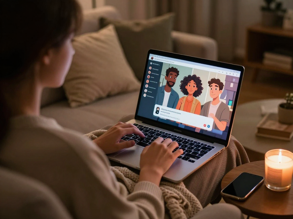 Engaging ai chat porn scene with a user interacting with an AI companion at home.
