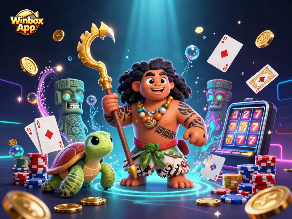 Experience thrilling wins with Winbox App, featuring dynamic casino elements and colorful characters.