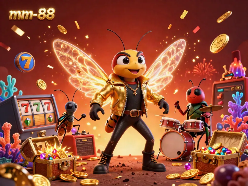 Experience the excitement of mm-88 with a vibrant 3D casino scene featuring a rock star cicada and dynamic game elements.