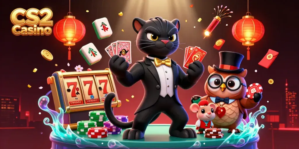 Engaging scene at CS2 Casino with a panther dealer, an owl, and a mouse amid dynamic casino elements.