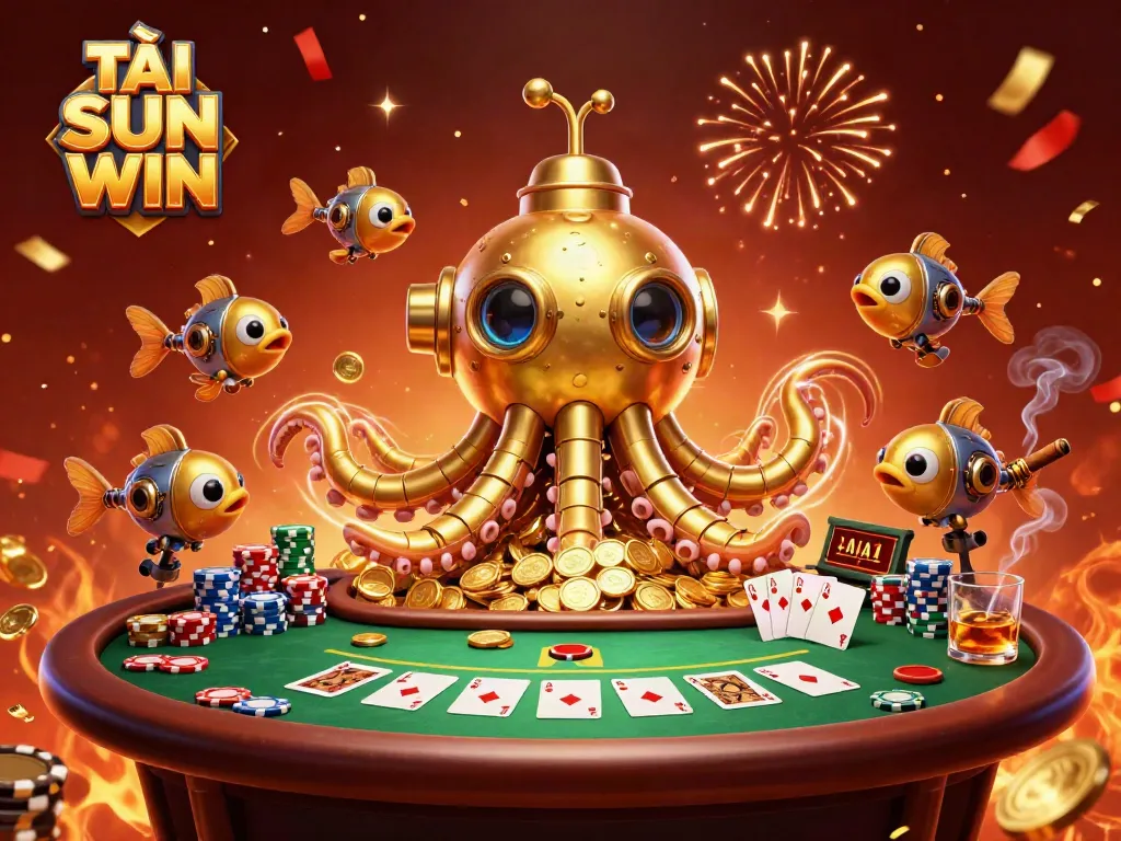 TẢI SUN WIN: Dive into an immersive casino experience with a golden kraken submarine and dynamic poker elements.
