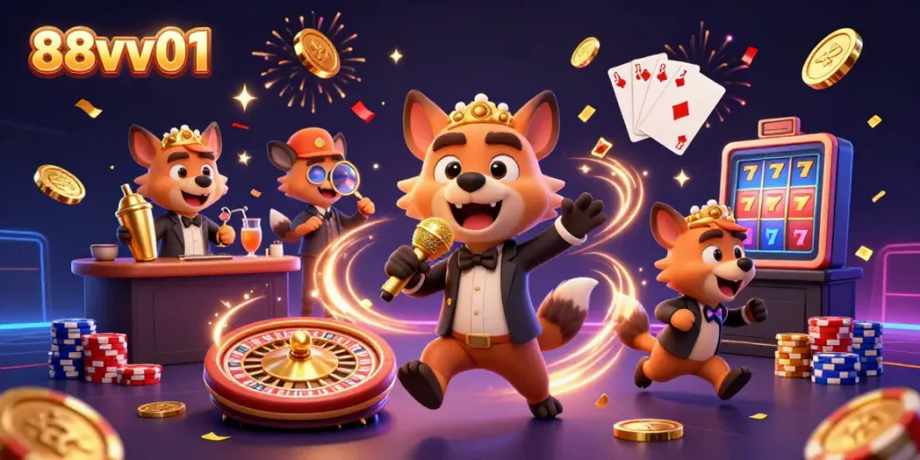 Experience the excitement of 88vv01's comedy casino with vibrant scenes of hyenas entertaining, surrounded by dazzling winnings.