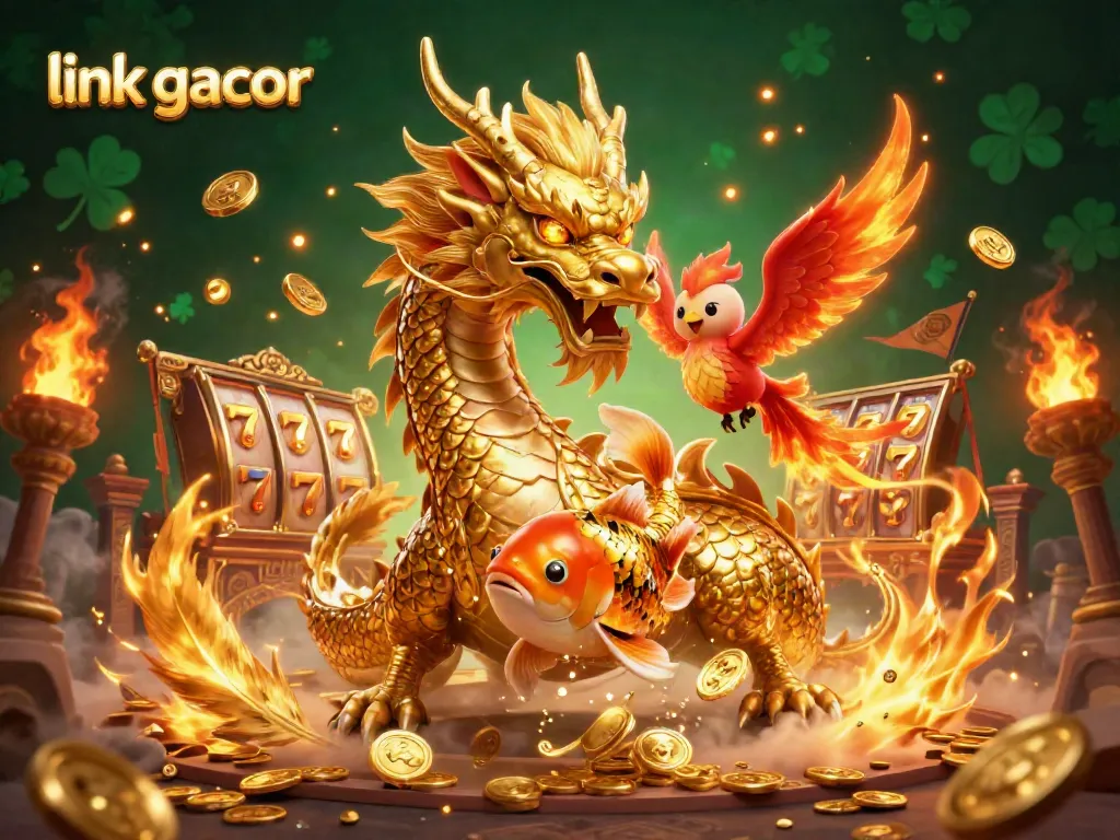 Experience the thrill of link gacor with a dynamic scene of a golden dragon, phoenix, and koi fish amidst casino symbols.