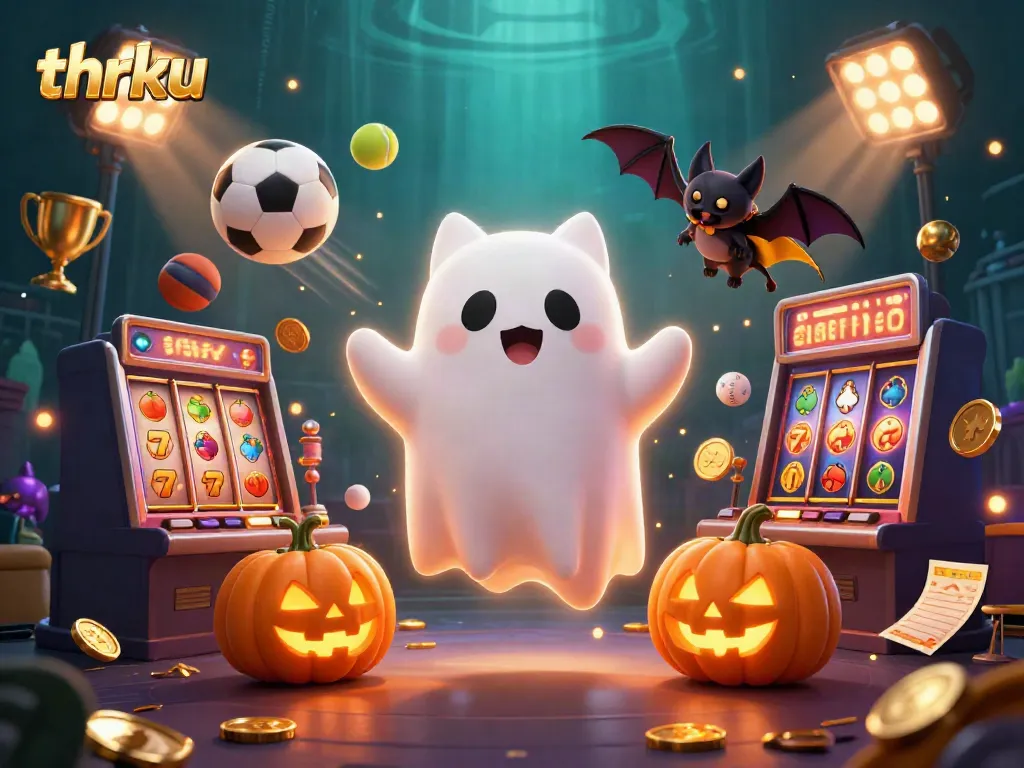 Experience thrilling gameplay with thrku, featuring playful characters, slot machines, and glowing poker suit jack-o-lanterns.