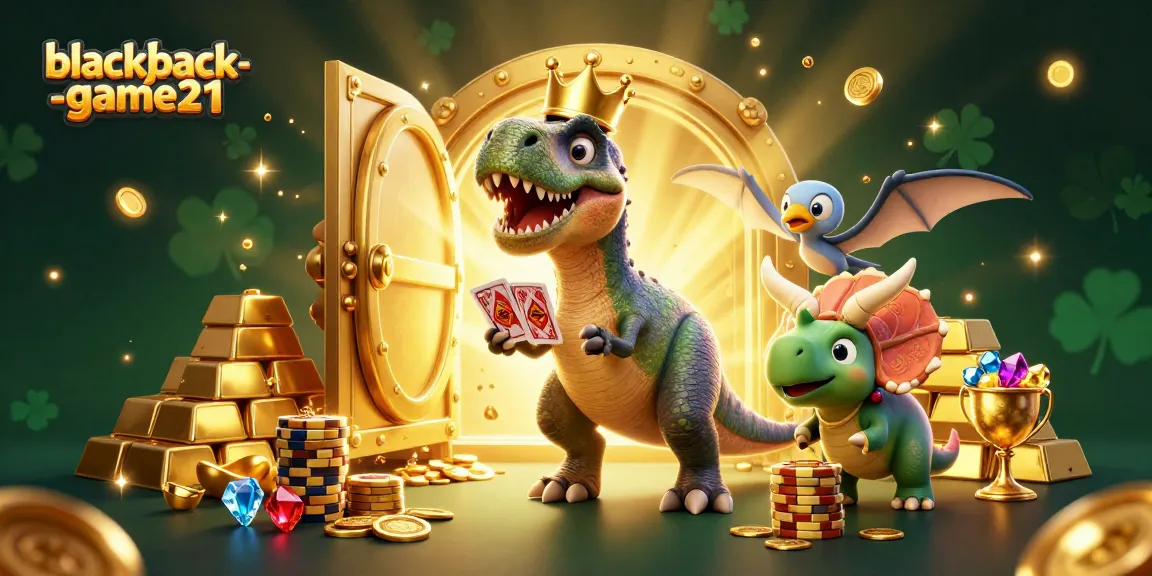 Engage in thrilling blackjack-game21 action as a T-Rex shuffles cards while a triceratops stacks golden chips.