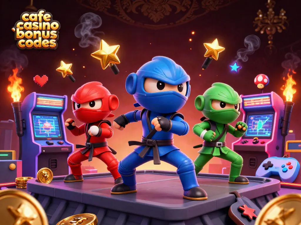 Cafe casino bonus codes visual guide with animated chameleons performing acrobatics, mixed with casino-themed arcade graphics.