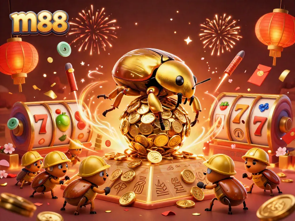 Engage with m88 in a vibrant scene featuring golden beetles and casino symbols.