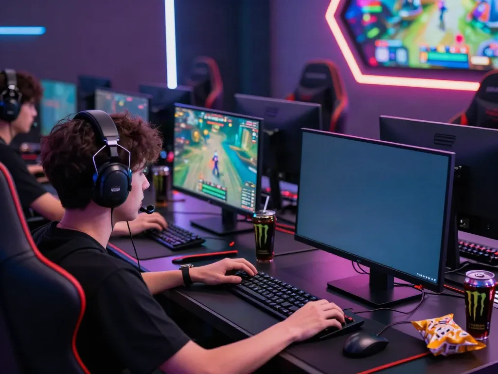 Intense gaming moment with a player focused on luxury111 gameplay, surrounded by high-tech equipment.