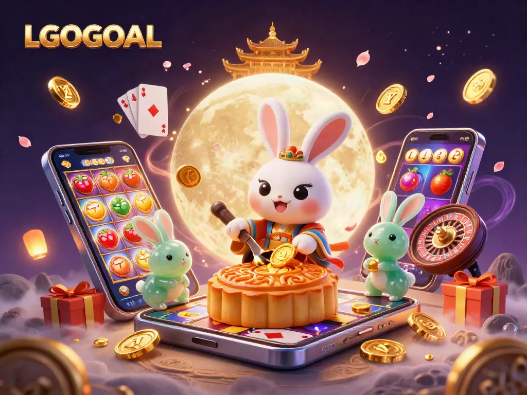 Join LGOGOAL's moon rabbit for an exciting slot experience surrounded by poker chips and golden coins.