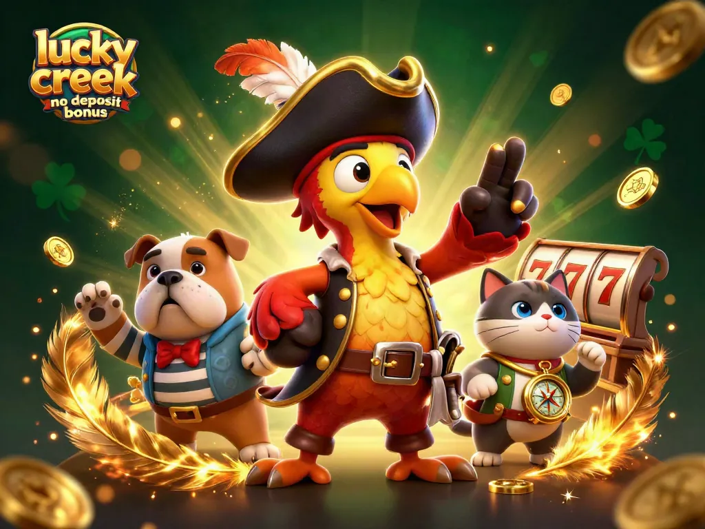 Join the fun with Lucky Creek no deposit bonus, featuring characters in a vibrant casino setting.