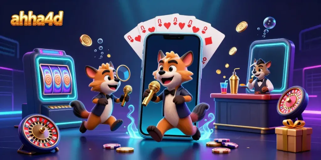 Experience the lively comedy casino scene with ahha4d featuring hyenas, slot games, and vibrant gaming elements.