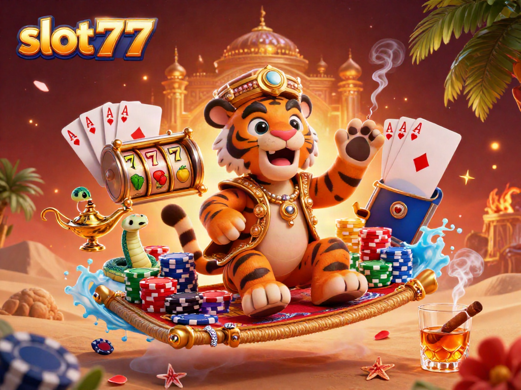 Experience the magic of slot777 with a vibrant Arabian Nights-themed casino illustration.