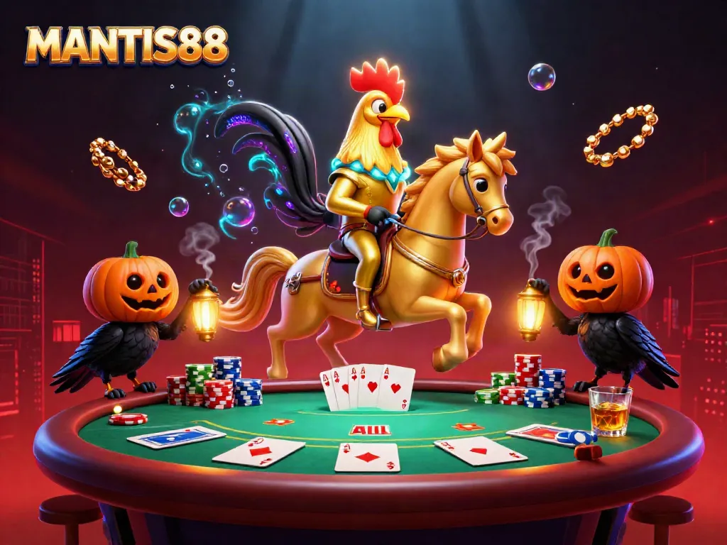 An exhilarating MANTIS88 gaming scene showcasing a golden rooster headless horseman and poker elements in a vibrant casino.