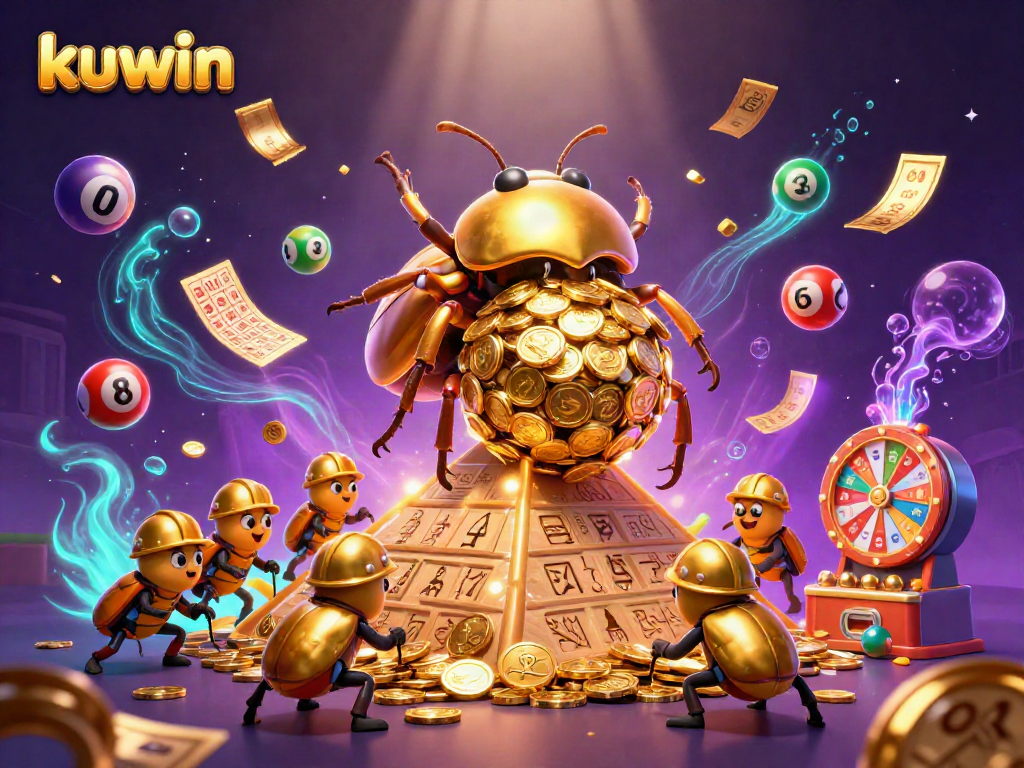Kuwin showcases a vibrant 3D illustration of a golden beetle pushing a coin ball, filled with casino symbols.