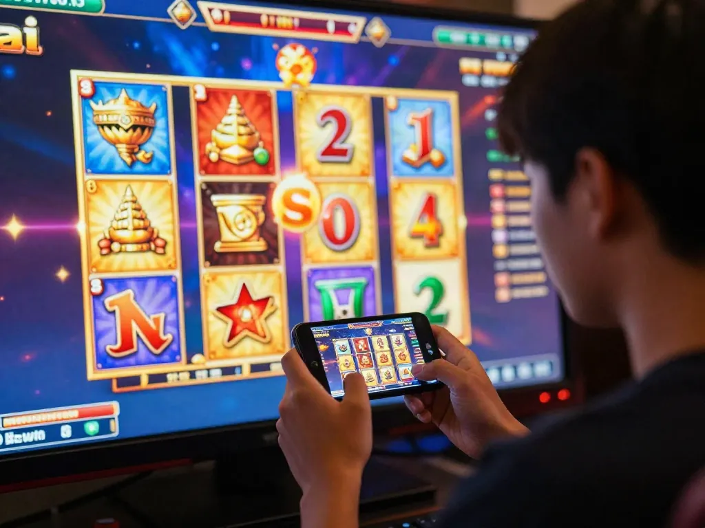 Player enjoying slot thailand games on mobile device in vibrant online gaming atmosphere