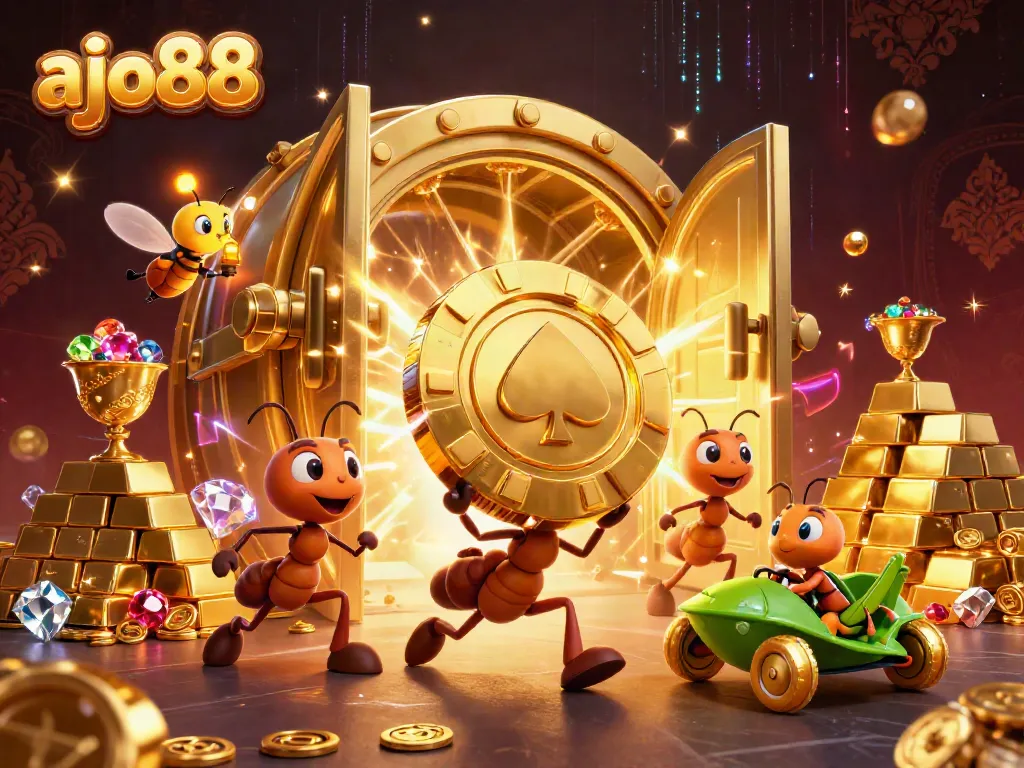 Ajo88 menghadirkan kasino interaktif dengan gambar detail 3D tim semut mencuri chip poker emas.