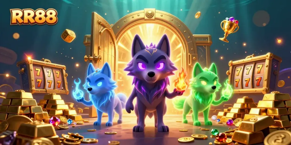 RR88 shows a dynamic scene of casino excitement with wolves and treasure
