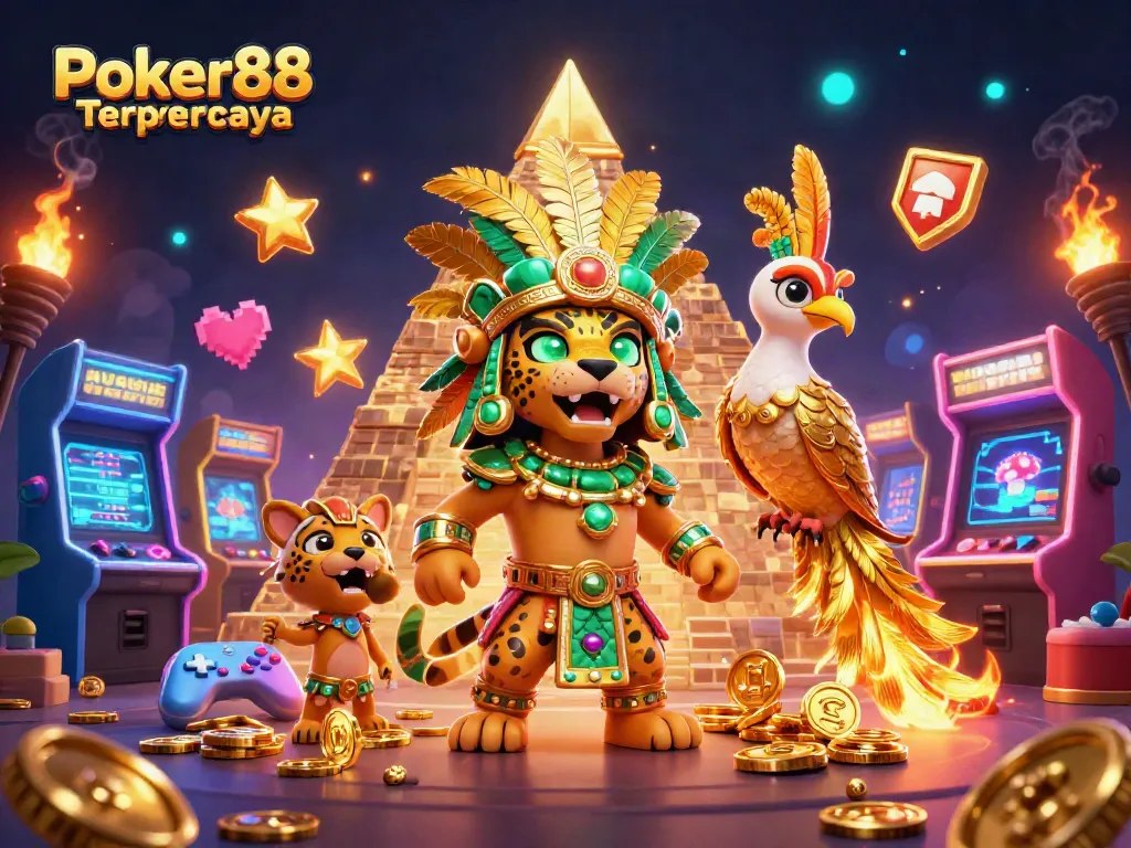 Experience the excitement of Poker88 Terpercaya with vibrant gaming elements in a rich 3D scene.