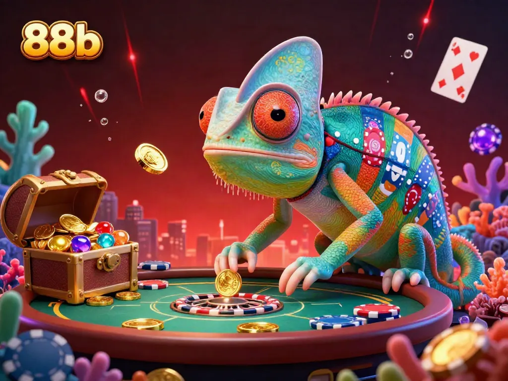 Experience the vibrant underwater casino excitement of 88b with a colorful chameleon character and sparkling treasures.