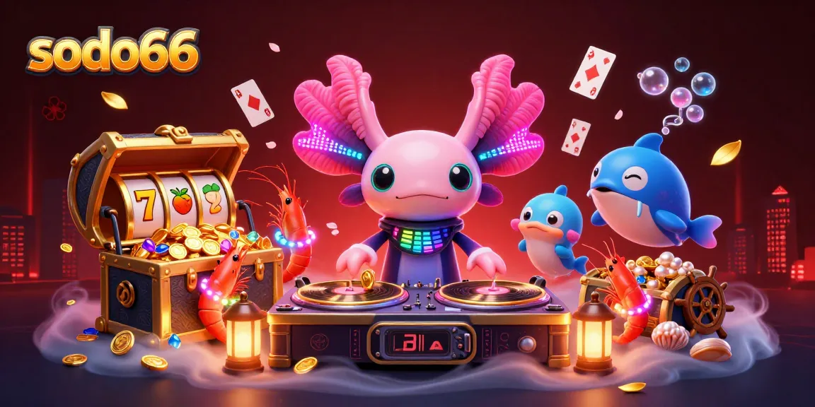 Engage with gambling magic at sodo66 through a vibrant scene of our axolotl DJ spinning winning slots.